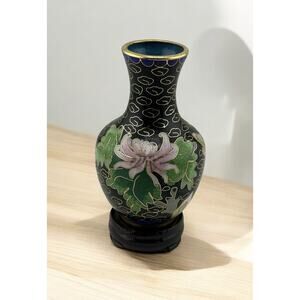 Vintage Mini Chinese Enameled Cloisonne Vase w/ Stand 3 inch Black Pink Lotus